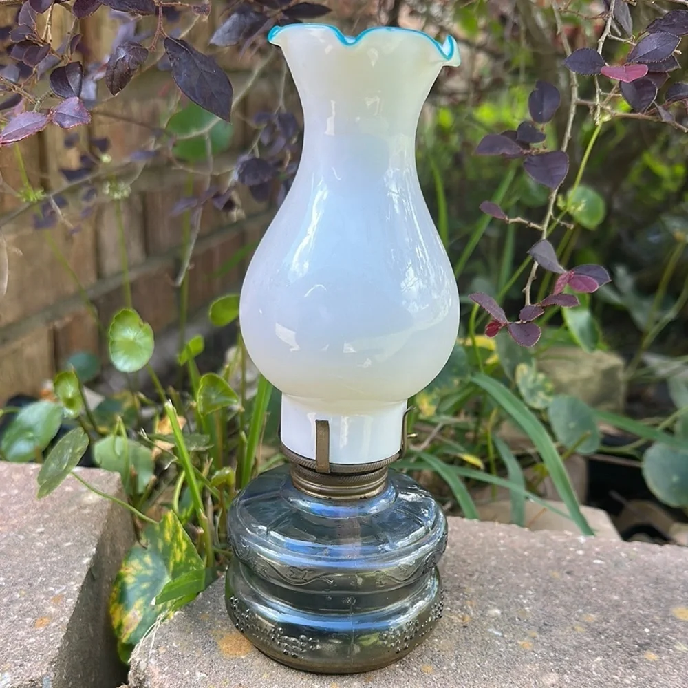 Vintage Three Star brand Glass Oil Lamp with White and Blue Accents